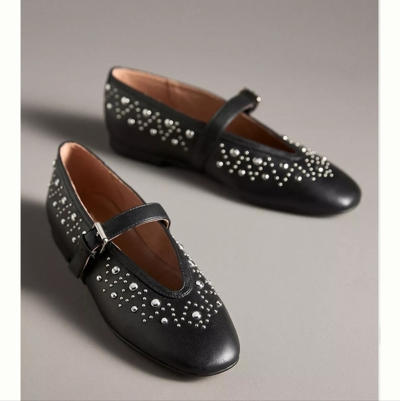 NWT Anthropologie Bibi Lou Studded Mary Jane Flats Black Size 39 EU 8/8.5 US. - Picture 1 of 9